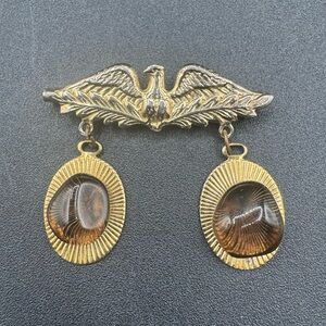 Vintage Gold Tone Eagle with Brown Cabochon Dangling Pendant~~ Brooch Pin